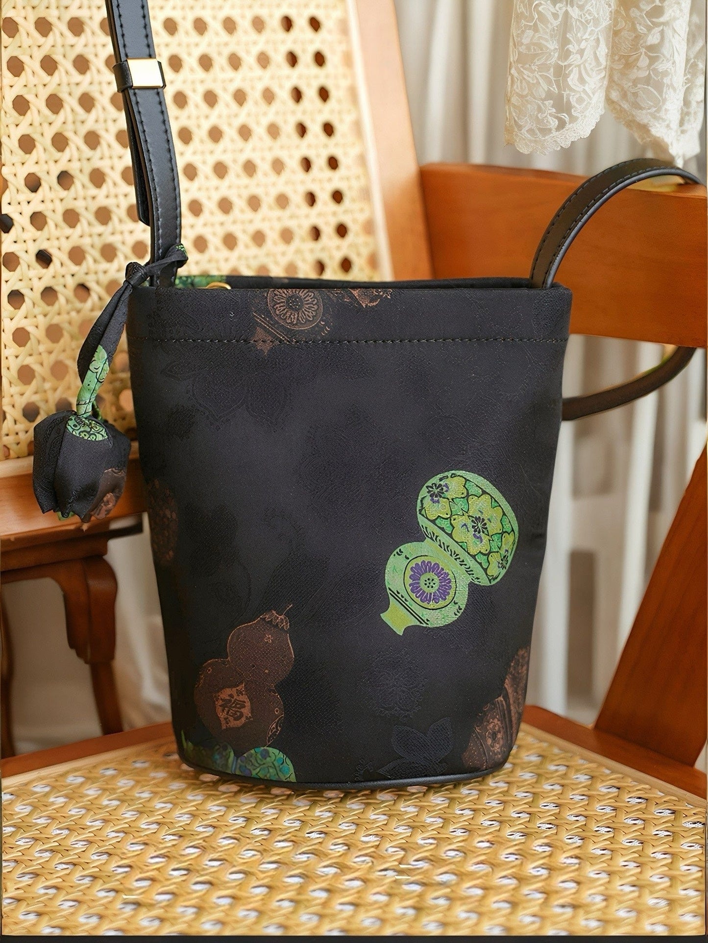 Front view of the Lucky Gourd Xiangyunsha Silk Vintage Crossbody Bag, showcasing the auspicious gourd pattern embroidered on luxurious Gambiered Guangdong Gauze fabric. This handmade bag features a structured silhouette, an adjustable strap for comfortable wear, and a lightweight, breathable design that blends vintage elegance with everyday functionality.