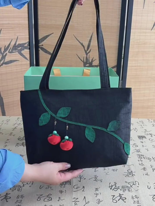 Oriental Gambiered Silk Crossbody Bag with Red Persimmon Charm - Unique Artistic Shoulder Purse