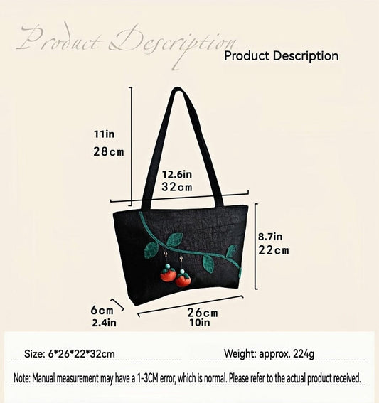 Dimensions and size overview of the Red Persimmon Lucky Xiangyunsha Shoulder Bag, showing its spacious interior that fits daily essentials like a phone and wallet, while maintaining a compact and elegant silhouette.